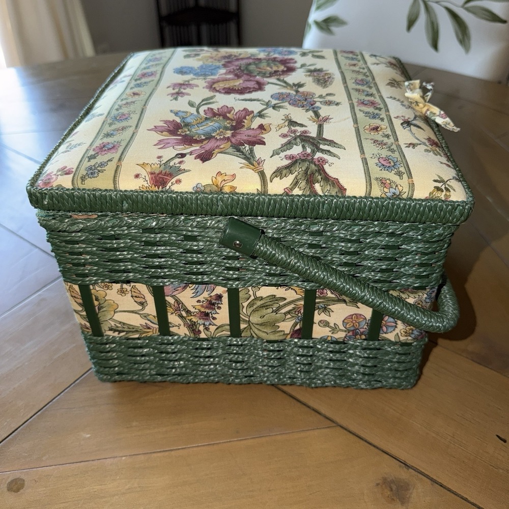 Vintage Craft Sewing Basket Box Tapestry Multicolor Floral Woven Wicker - Picture 8 of 11